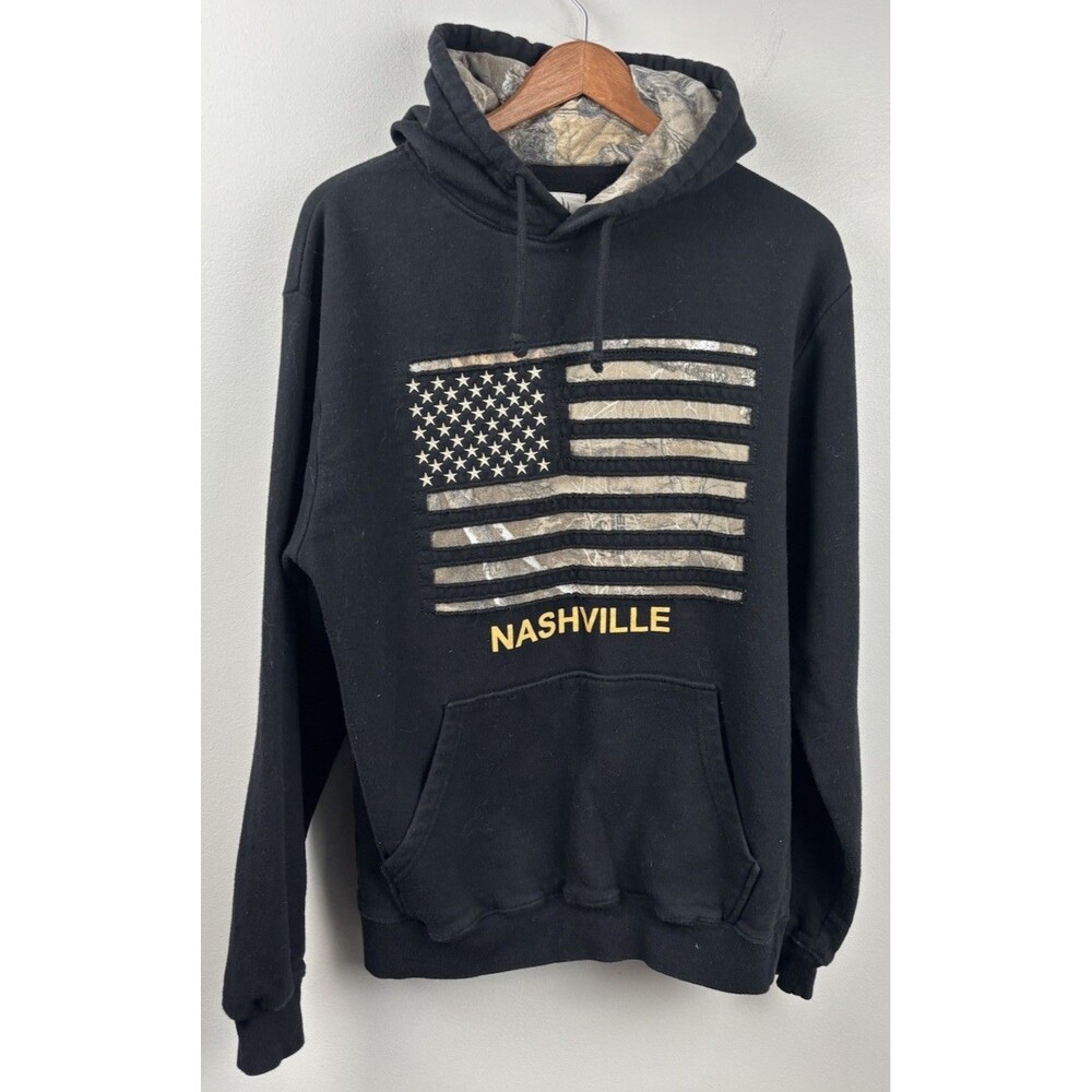 Buck Wear Hoodie Medium Black Camo USA Flag Pullover Sweatshirt Mens Nashville